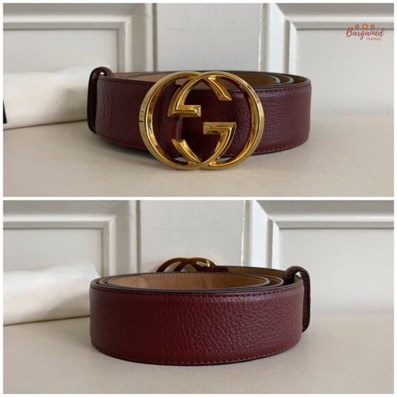 Authentic Gucci Red Pebbled Leather Gold Interlocking G Buckle Belt 95/38 - Picture 3 of 13